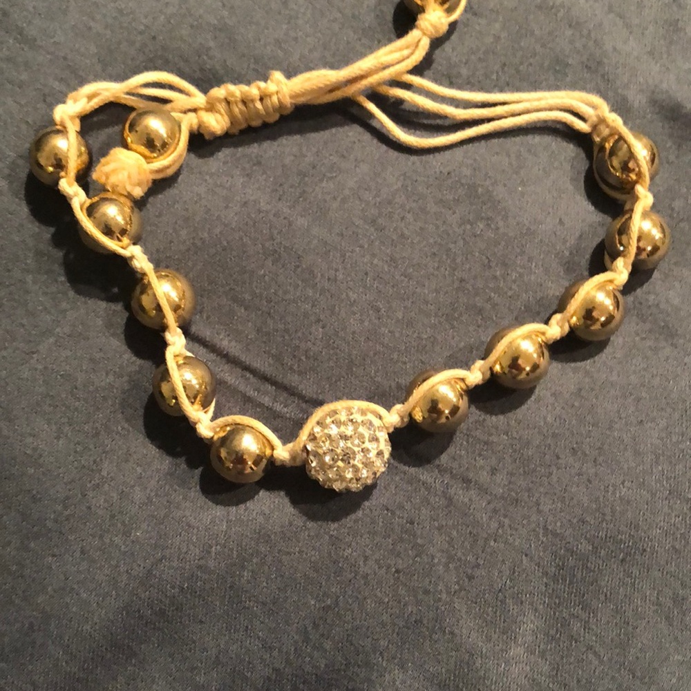 Beige Gold Tone Bead Pave Crystal Ball Shamballa Inspired Bracelet